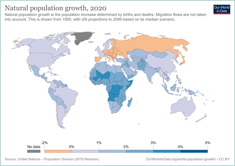 Разгледайте картосхемата представяща естествения прираст на държавите през 2020г Кои от изброените държави имат отрицателен естествен прираст