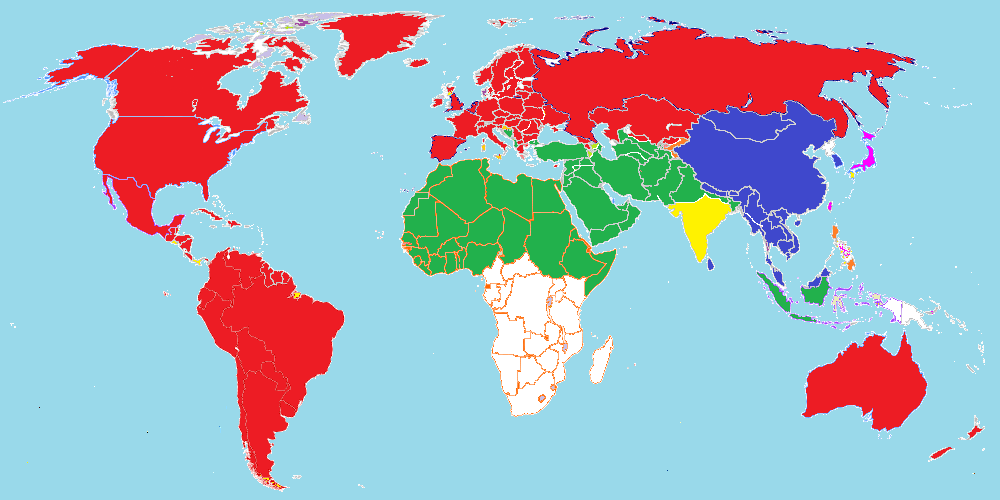 6	Коя световна религия чрез генерализация на фона е обозначена със син цвят на картата на света